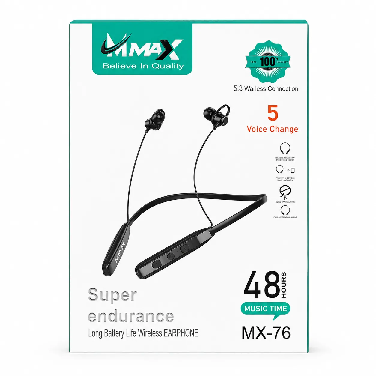Max MX-76 Wireless Bluetooth Hanging Neckband Headphone - Multicolor | 250mAh Long Battery, Magnetic On/Off, 5 Voice Changer & Type-C Charging
