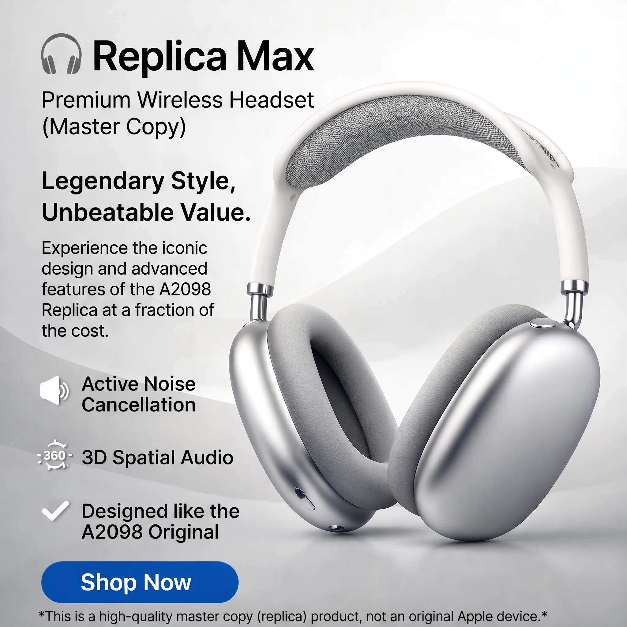 AirPods Max Wireless Over-Ear Headset (Premium Master Copy) - Model A2098 | Active Noise Cancellation, Spatial Audio, Bluetooth & Long Battery Life
