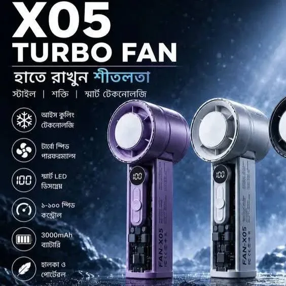 X05 Handheld High-Speed Turbo Cooling Fan – 3000mAh Battery, Ice Cooling Technology, 1-100 Stepless Speed Control, Digital LED Display & Transparent Design