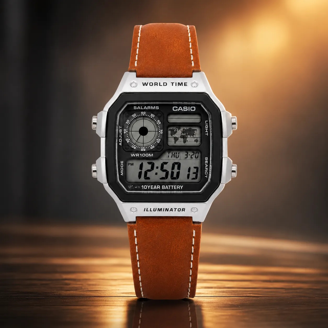 Casio Illuminator Vintage Digital Leather Strap Watch – World Map Display, Long Battery Life, Water Resistant, Formal & Casual Wristwatch with Premium Gift Box & Extra Batteries