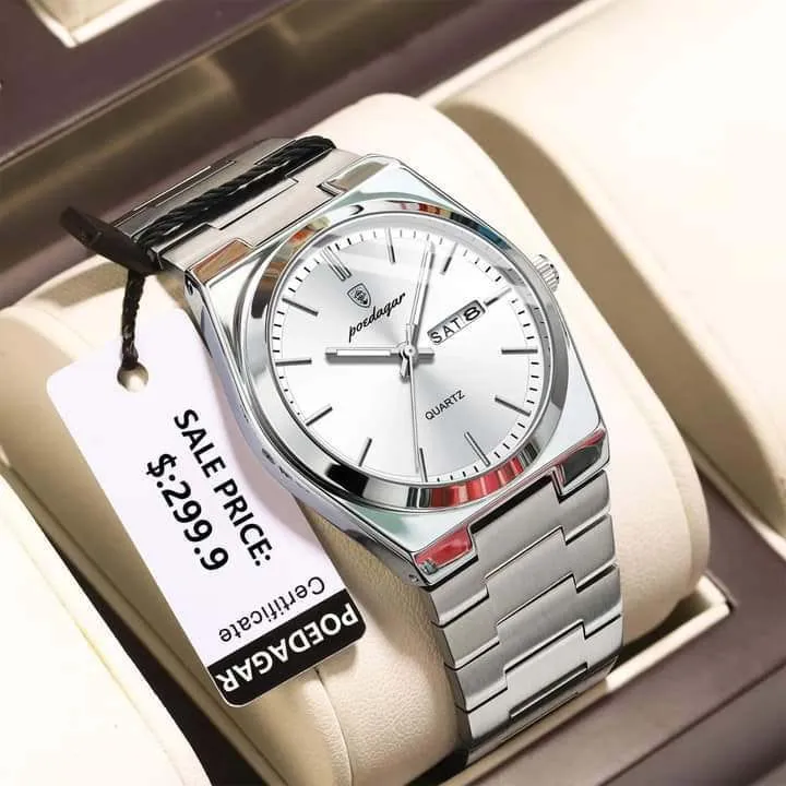 POEDAGAR 930 Men's New Luxury Luminous Date Week Stainless Steel Quartz Watch For Men (Butterfly Lock)