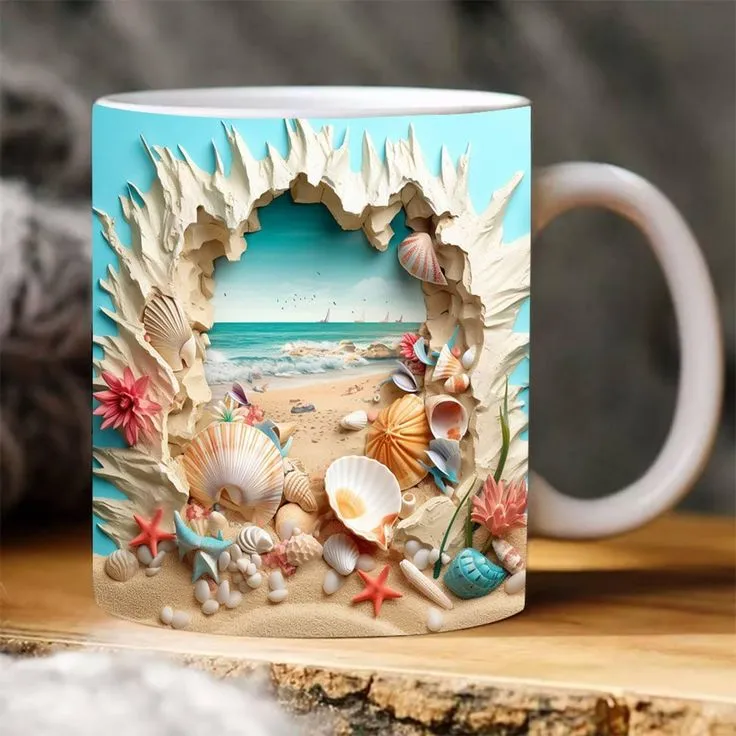 Beach Shell Mug – Premium Ceramic Coffee Mug with Wraparound Ocean Shore Design, Microwave & Dishwasher Safe