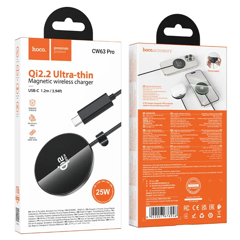 Hoco CW63 Pro Qi2.2 Ultra-Thin Magnetic Wireless Charger – 25W Fast Wireless Charging Pad with Built-in 1.2m USB-C Cable, Aluminum Alloy Build & Strong Magnet