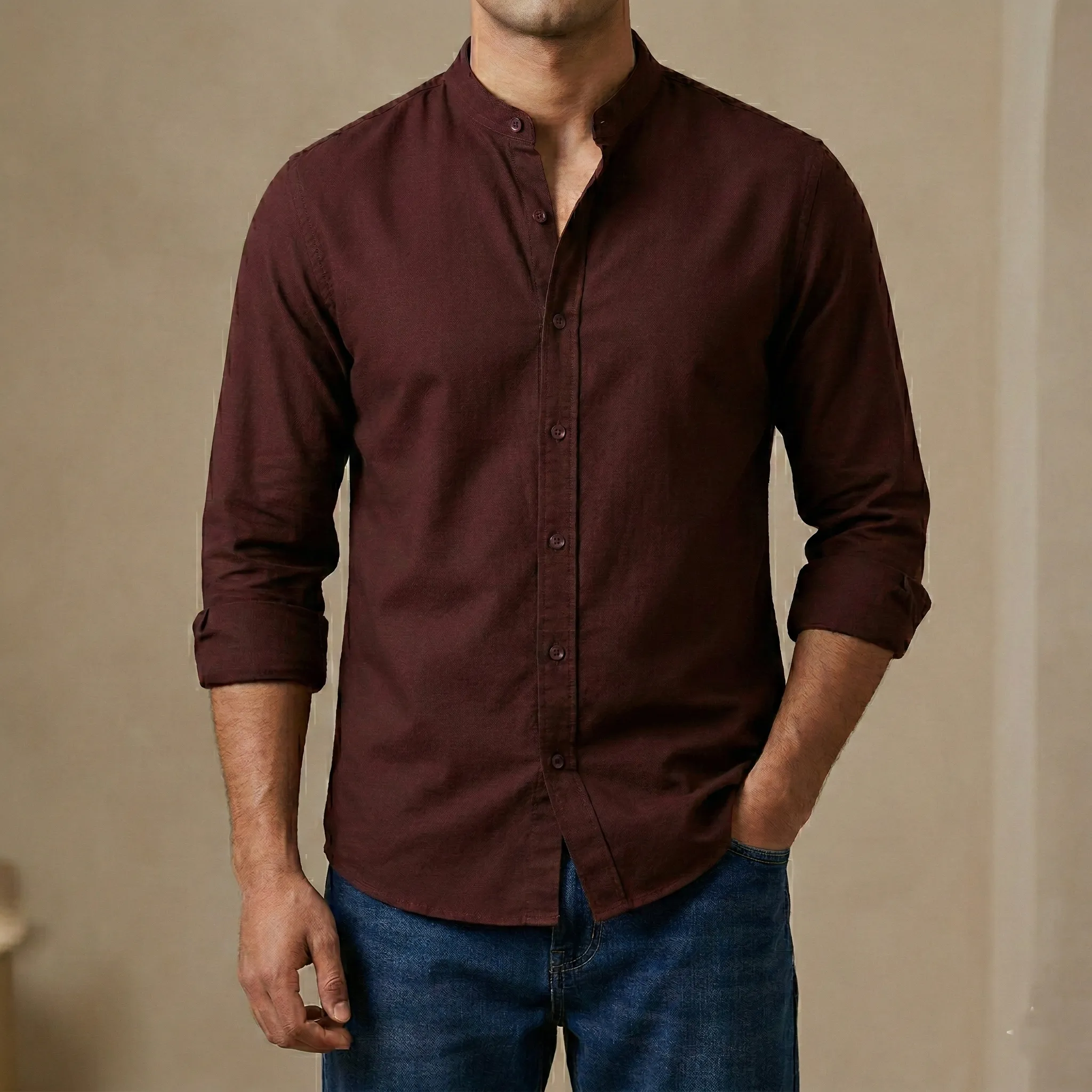 Men's Ban Collar Cotton Shirt-