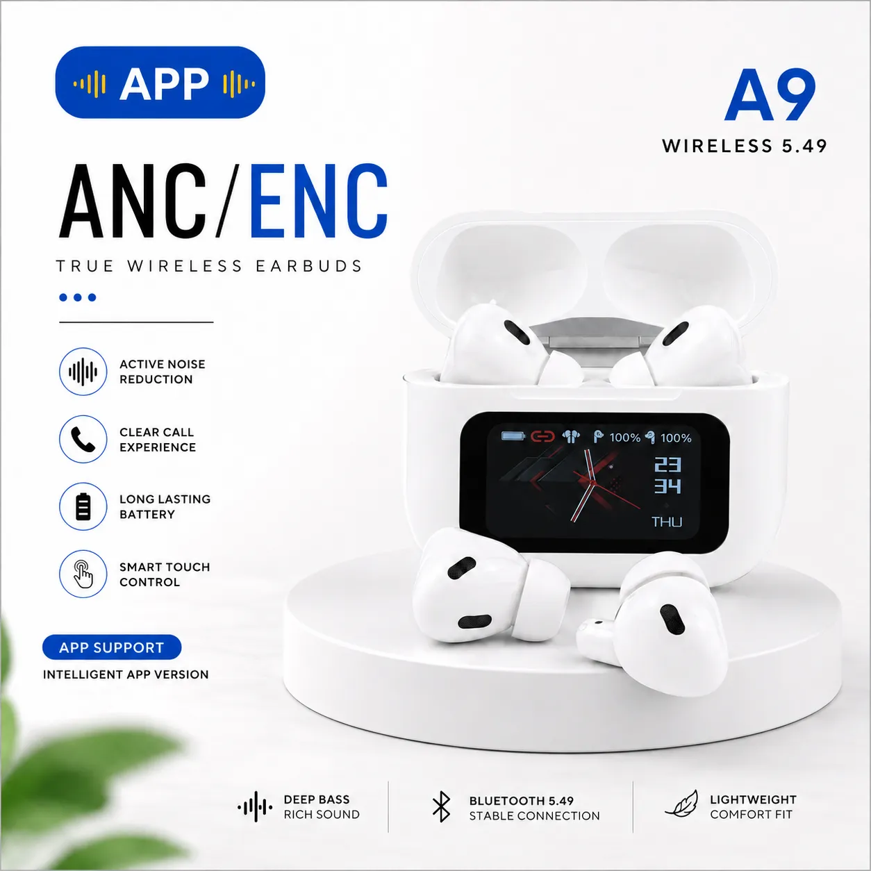 A9 Pro App Supported ANC/ENC Display Touch Control Earbuds