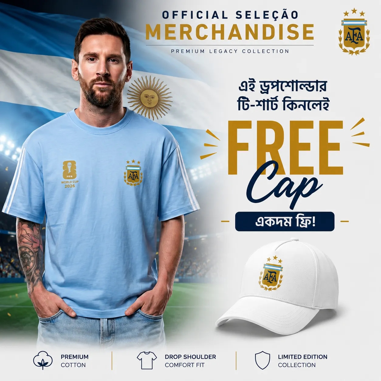 Premium Argentina Fan Edition Drop Shoulder Sky Color With Cap