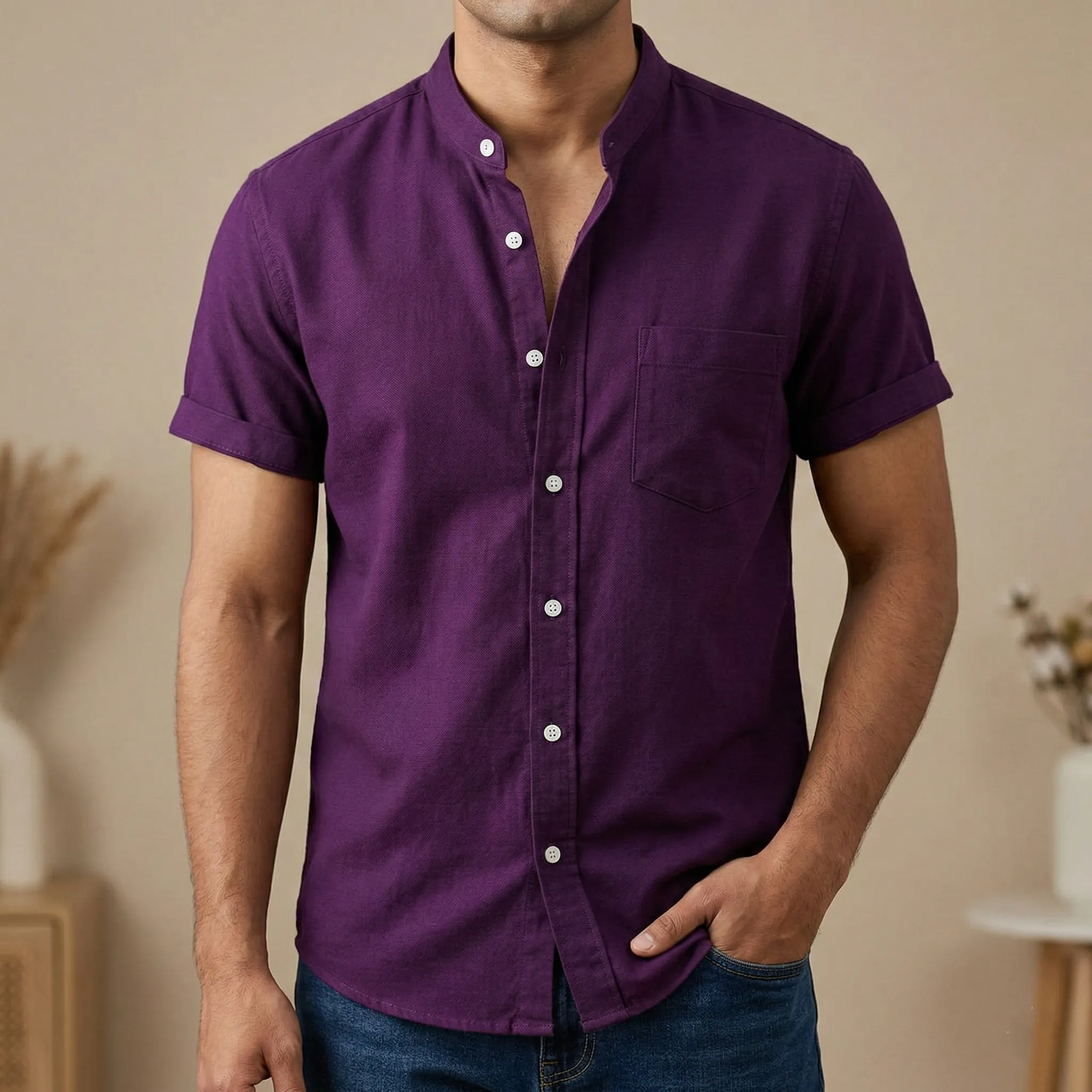 Fashionable half-sleeve shirt for men (Purple)