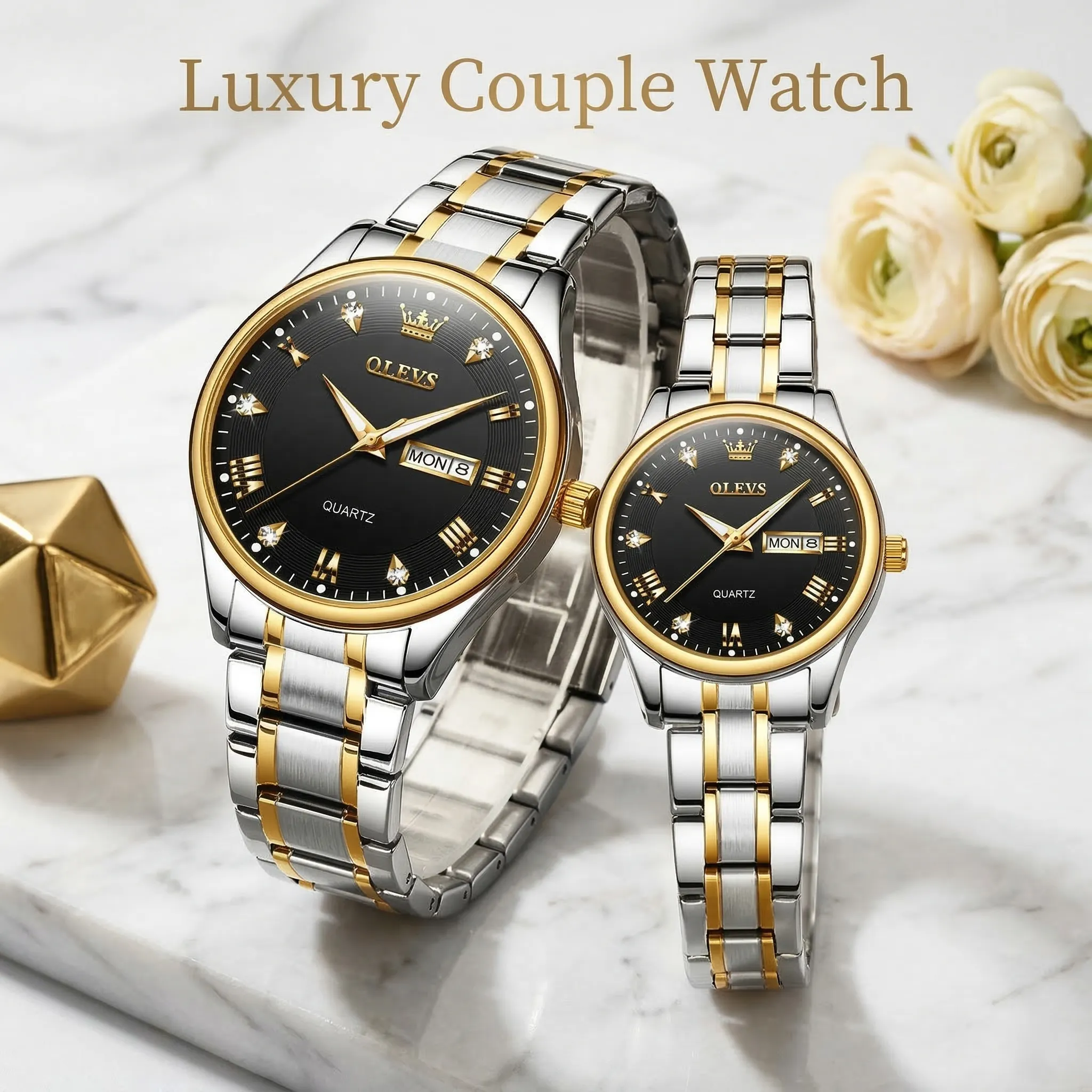 Olevs 5563 Couple Watch tow tone chain (black dial)