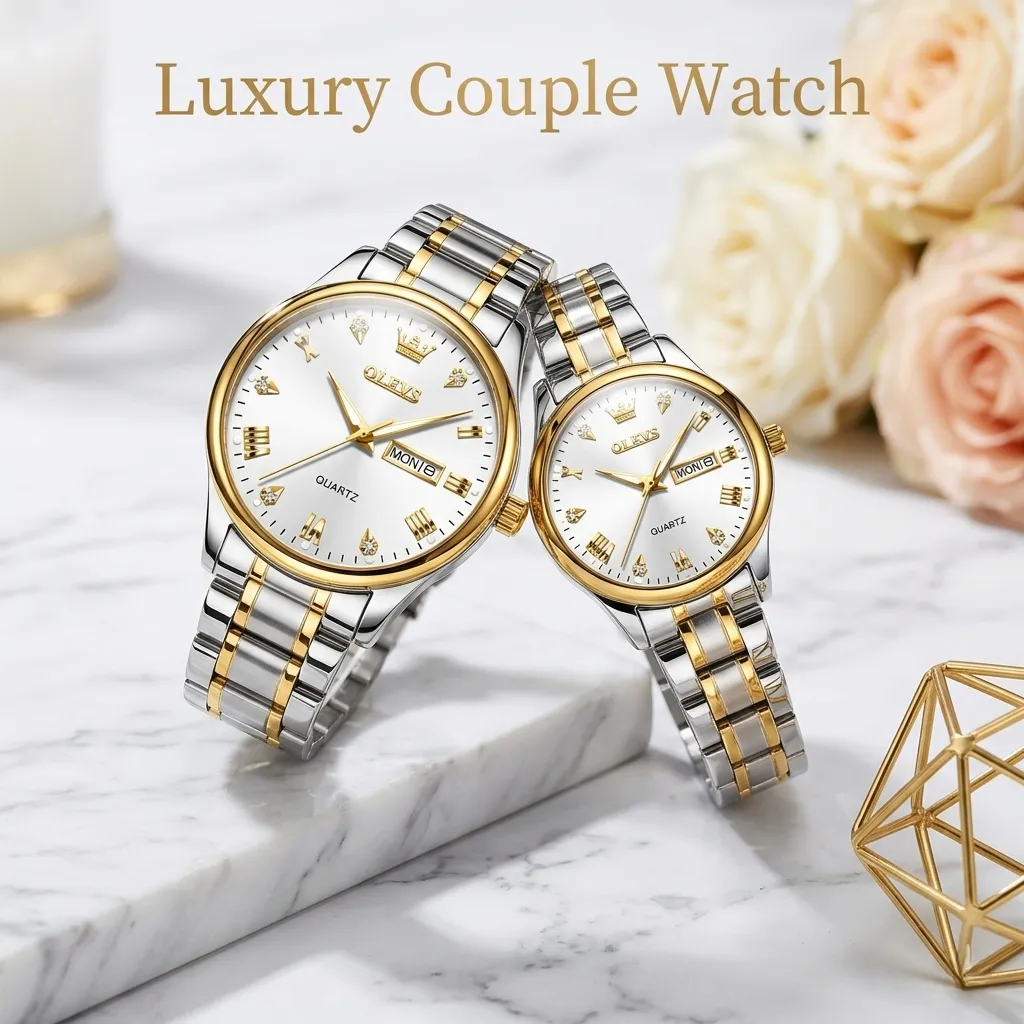 Olevs 5563 Couple Watch tow tone chain (white dial)
