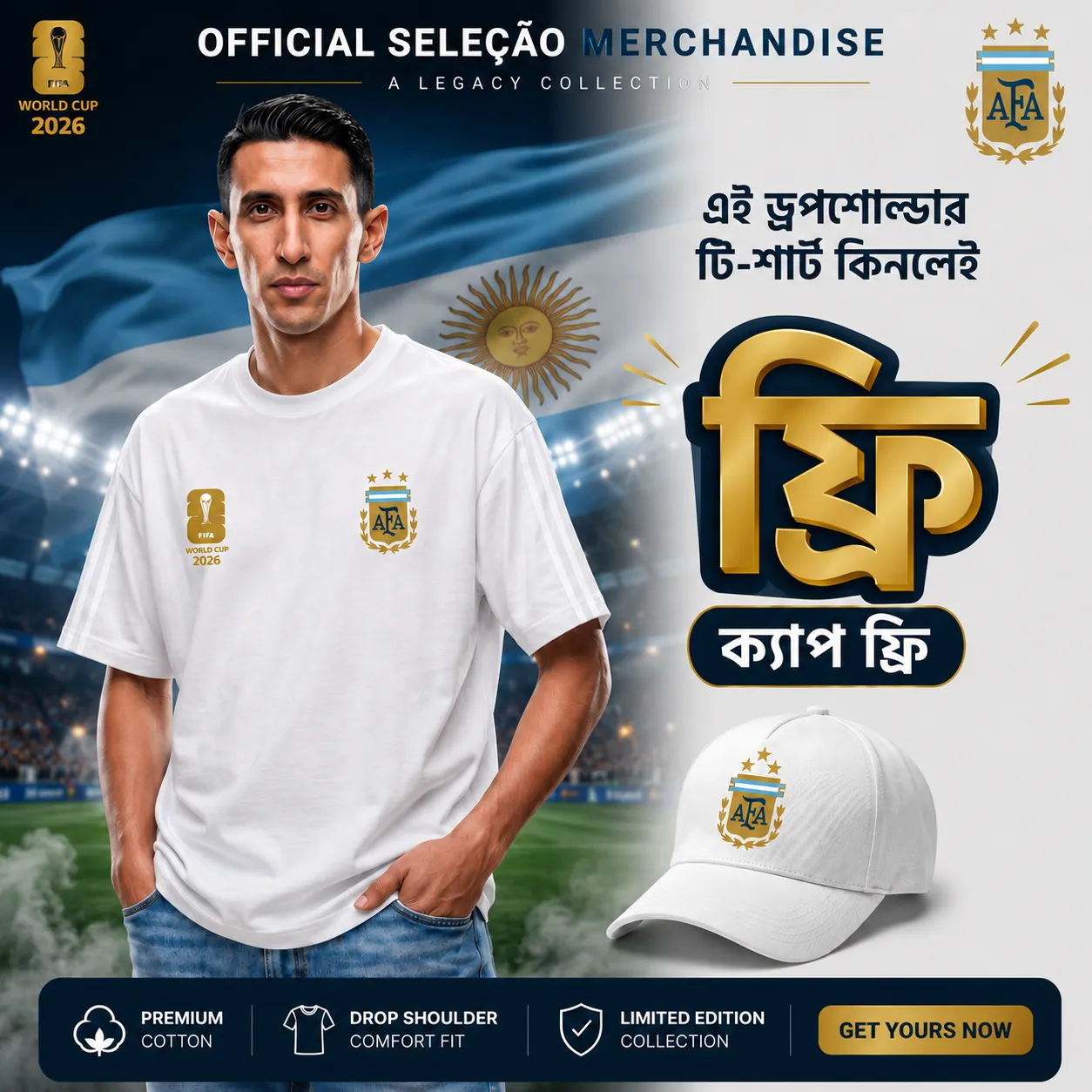 Premium Argentina Fan Edition Drop Shoulder White Color with Cap