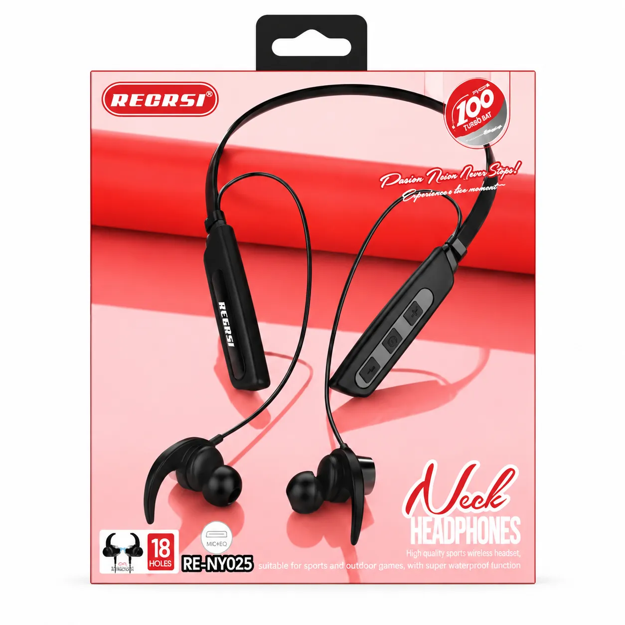 Recrsi RE-NY025 Wireless Bluetooth Neckband Headphones | Waterproof Sports Earphones with Mic, EQ & Long Battery Life