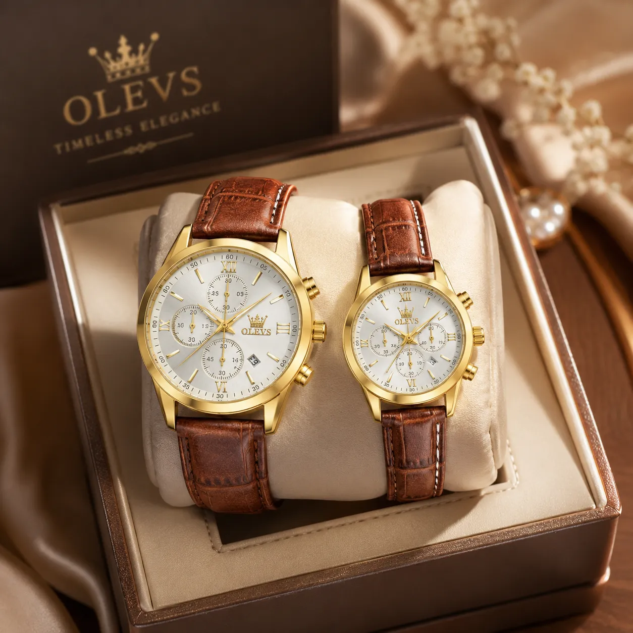 OLEVS Premium Luxury Leather Strap Couple Watch
