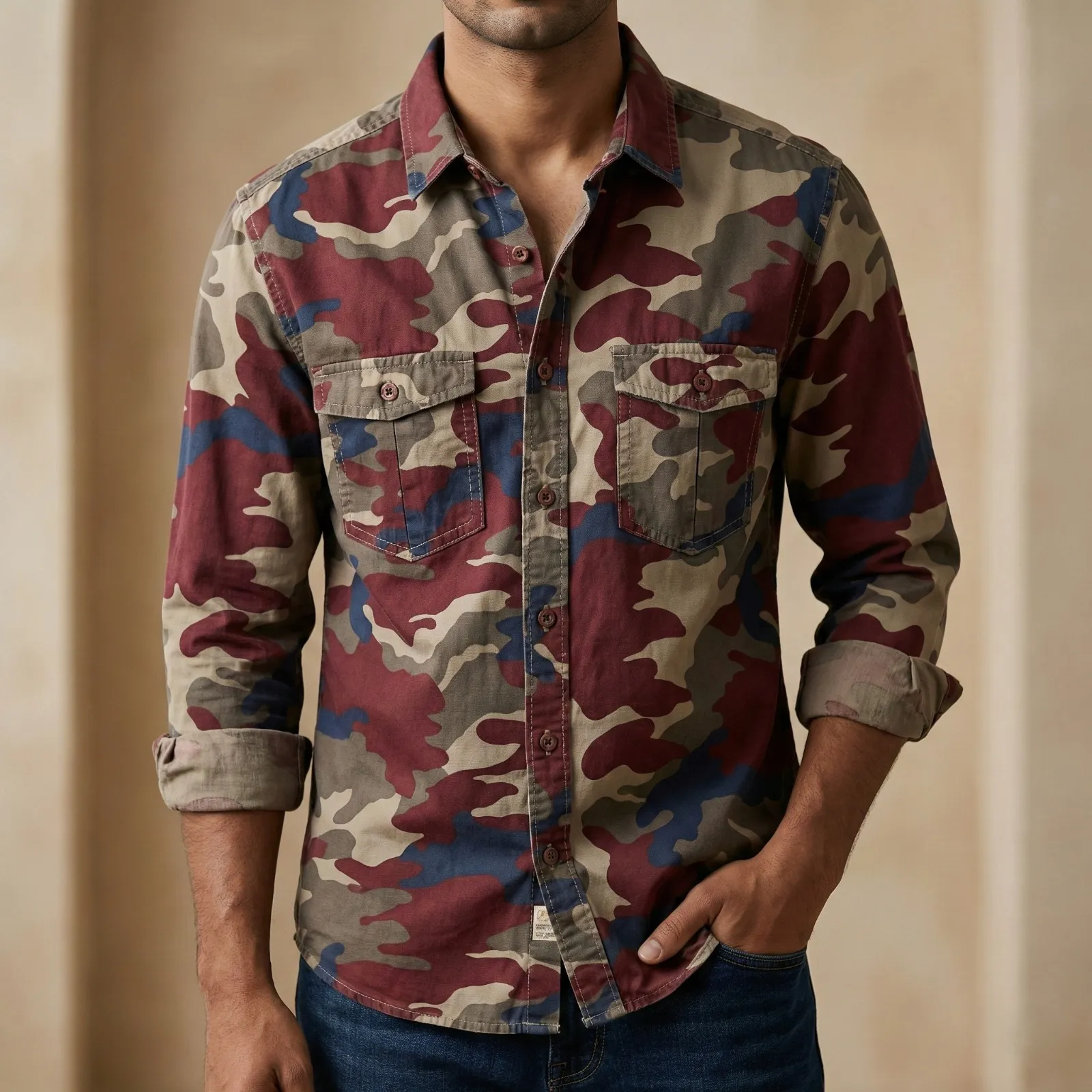 Full sleeves double pocket kemo printed Shirt