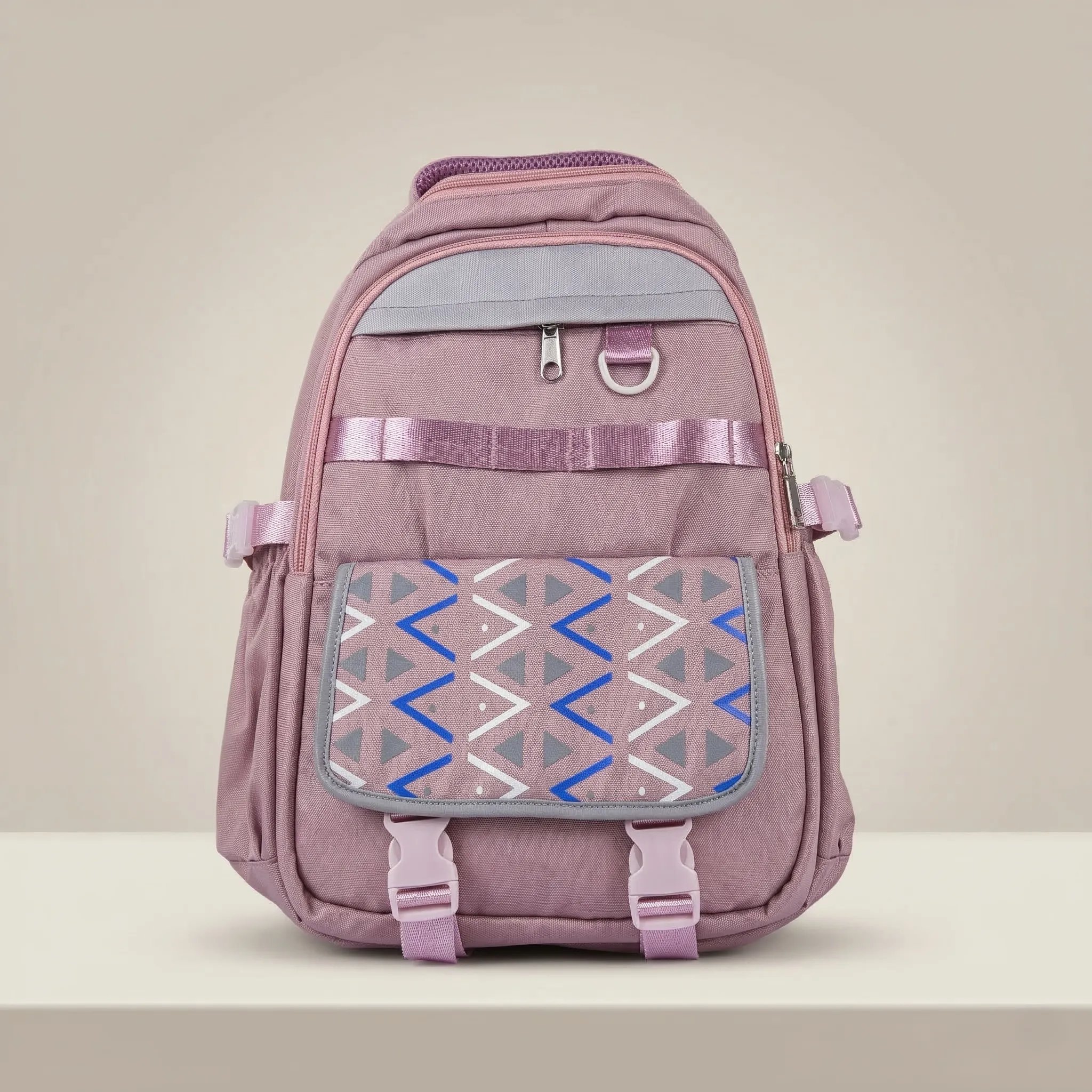 Multi-Pocket Casual Backpack with Geometric Flap