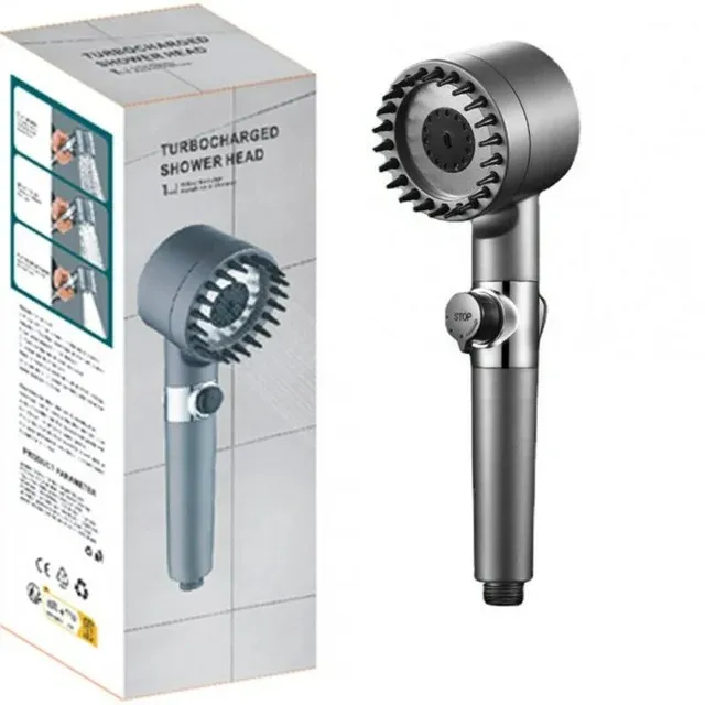 Turbocharged Shower Head – High-Pressure Propeller Bath Shower with PP Cotton Filter, Silicone Massage Brushes, Water Saving Stop Button & 360° Rotation