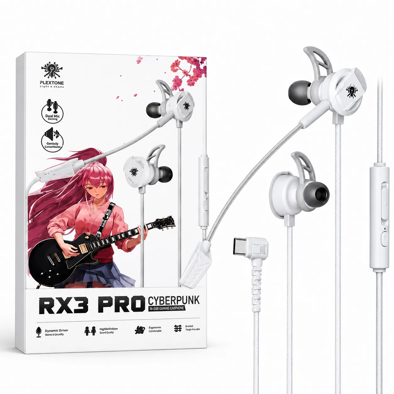 Plextone RX3 Pro Cyberpunk In-Ear Gaming Earphone – Wired Headset with Dual Microphones, Dynamic Driver Stereo Sound, Ergonomic Comfortable Fit & Tangle-Free Braided Cable