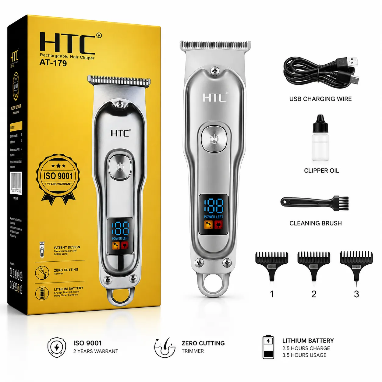 Original HTC AT-179 Rechargeable Hair Clipper & Beard Trimmer for Men – Cordless Grooming Kit with Stainless-Steel Blades, Adjustable Settings & Portable Design