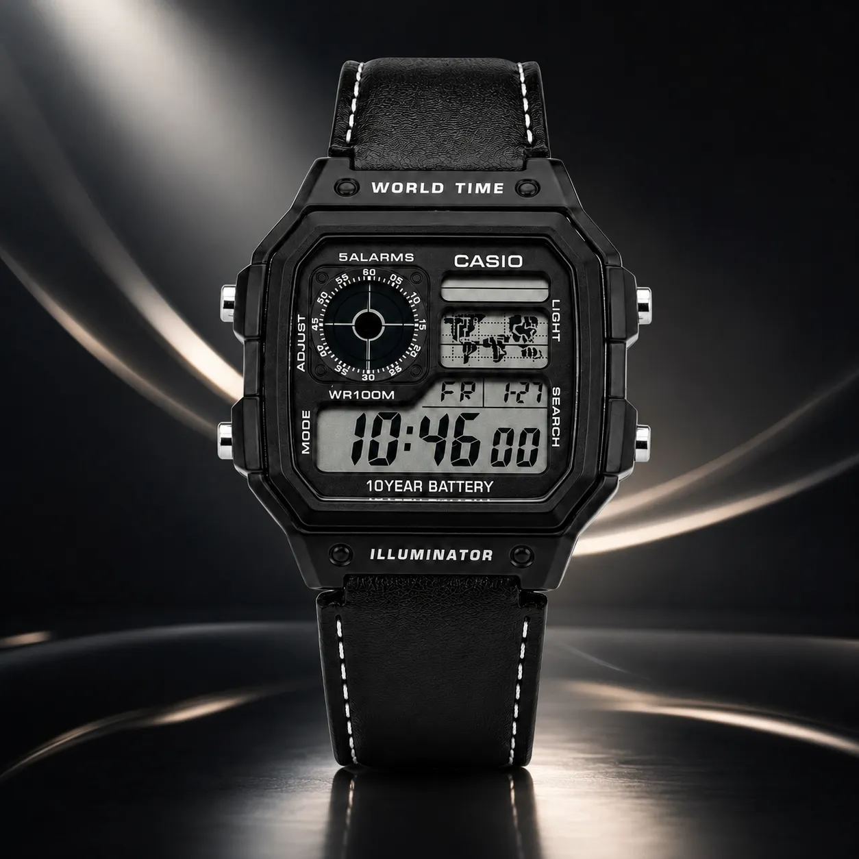 Casio Illuminator Vintage Digital Leather Strap Watch – World Map Display, Long Battery Life, Water Resistant, Formal & Casual Wristwatch with Premium Gift Box & Extra Batteries