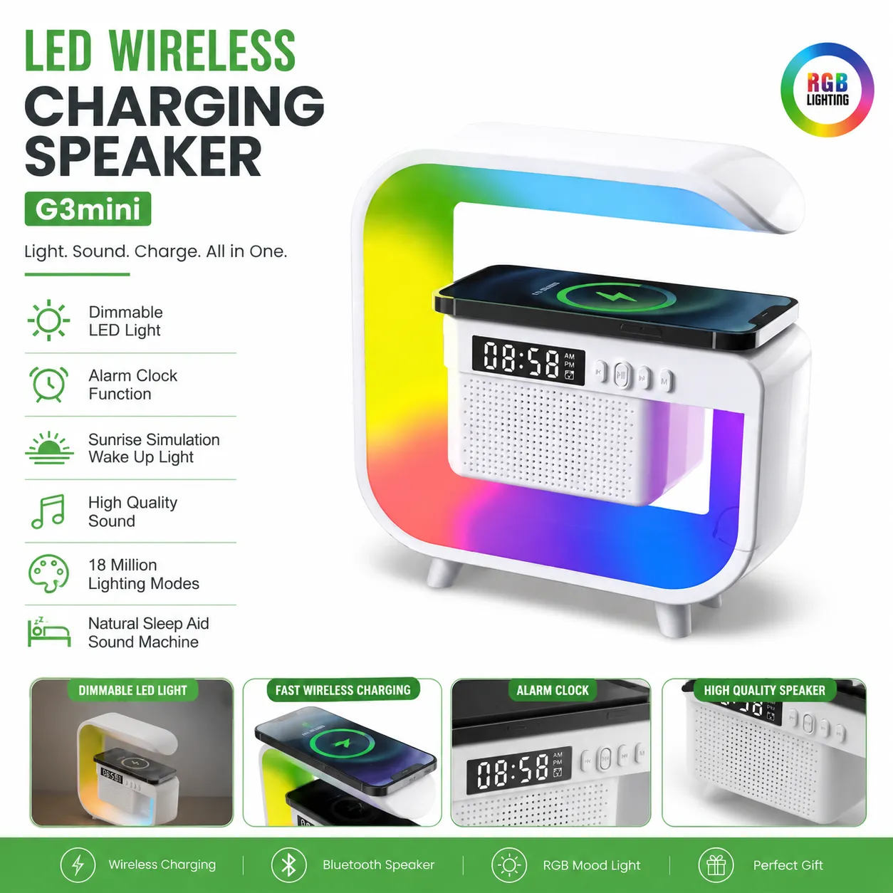 G3 Mini Smart Light Bluetooth Speaker – Multifunctional RGB Night Light with Wireless Charger, Digital Alarm Clock, Sunrise Simulation & Natural Sleep Sound Machine