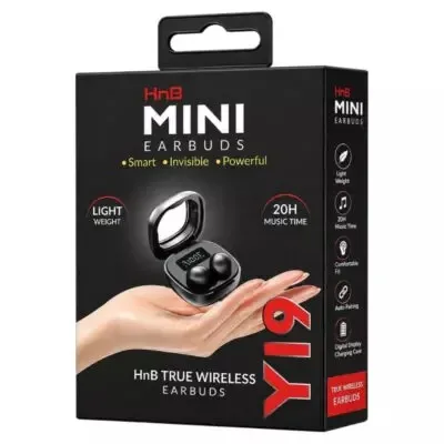 HnB Y19 Mini True Wireless Earbuds – Ultra-Small Invisible In-Ear TWS with Digital LED Battery Display, Auto-Pairing & 20H Playtime