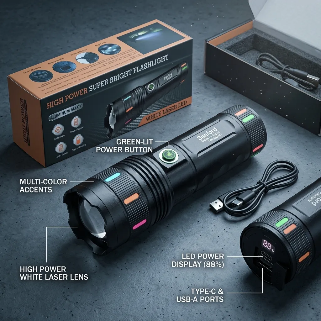 Sanford Super Bright White Laser LED Flashlight – Made in Japan High-Power Tactical Torch with 18650mAh Battery, Digital Display, Power Bank & Type-C Charging