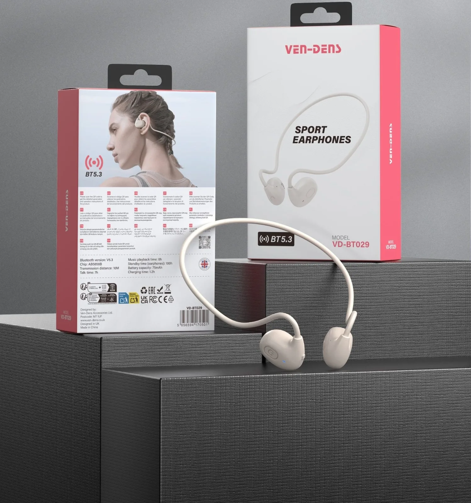 VEN-DENS VD-BT029 Sport Wireless Open-Ear Air-Conduction Earphone – Bluetooth 5.3 Headset with 14.2mm Drivers, 8-Hour Playtime, Touch Control & Secure Ear-Hook Design