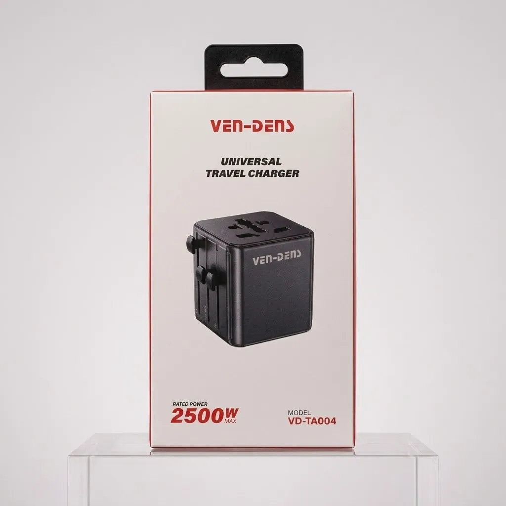 VEN-DENS 4-in-1 Universal Travel Adapter – 2500W Fast Charging All-in-One World Travel Plug with EU, AU, UK, US Pins & Child Safety Shutter