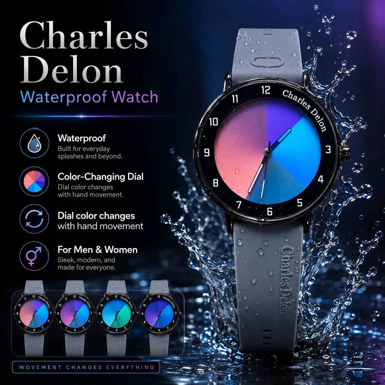 Charles Delon Waterproof Color-Changing Dial Watch for Him & Her – Unisex Ash Silicone Strap Gradient Dial Wristwatch