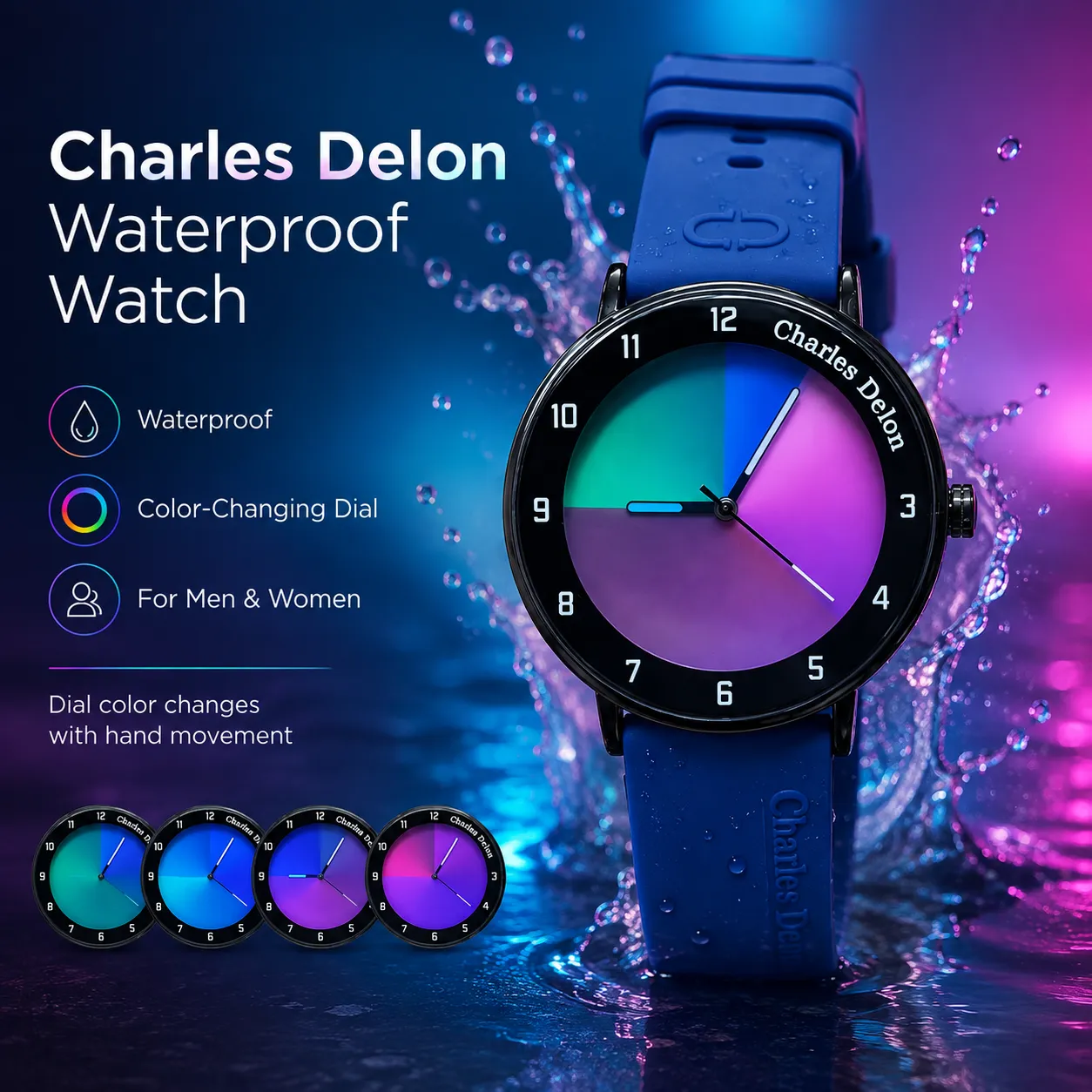 Charles Delon Waterproof Color-Changing Dial Watch for Him & Her – Unisex Blue Silicone Strap Gradient Dial Wristwatch