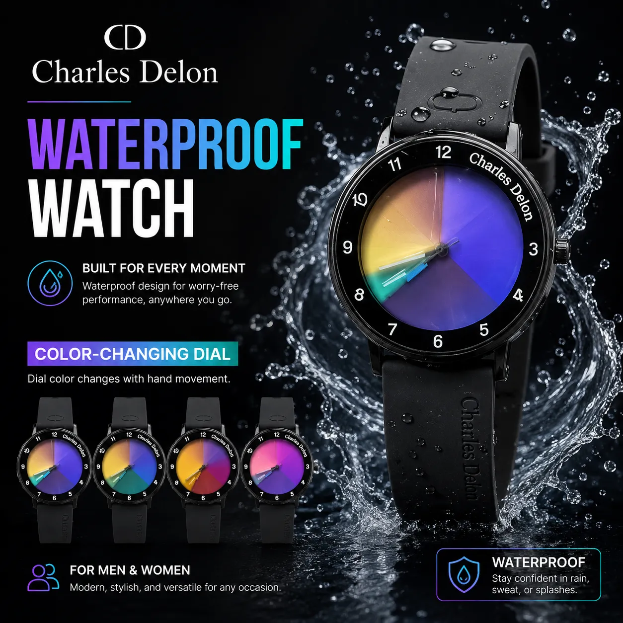 Charles Delon Waterproof Color-Changing Dial Watch for Him & Her – Unisex Black Silicone Strap Gradient Dial Wristwatch