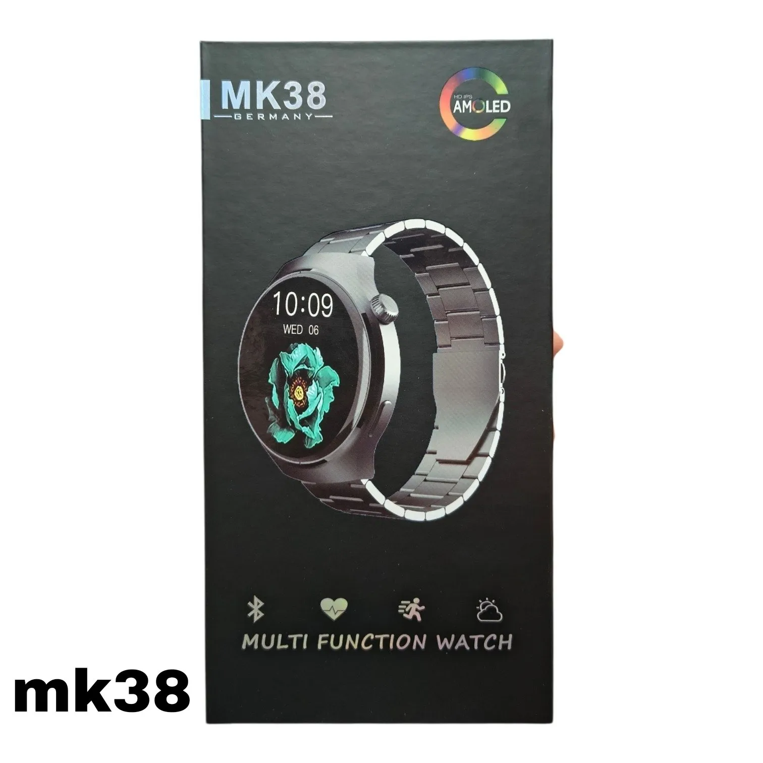MK38 Premium Round AMOLED HD Smart Watch – Bluetooth Calling & 3 Straps Combo (Metal, Leather & Silicone)