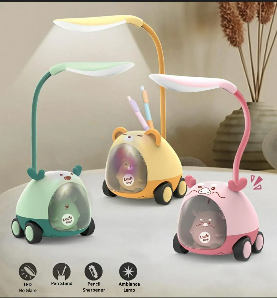 LED Plastic Night Lamp on Wheel – Portable USB Rechargeable Eye-Caring Desk Lamp with Touch Control, Stepless Dimming, 2000mAh Battery & 3-in-1 Pen/Phone Holder Base