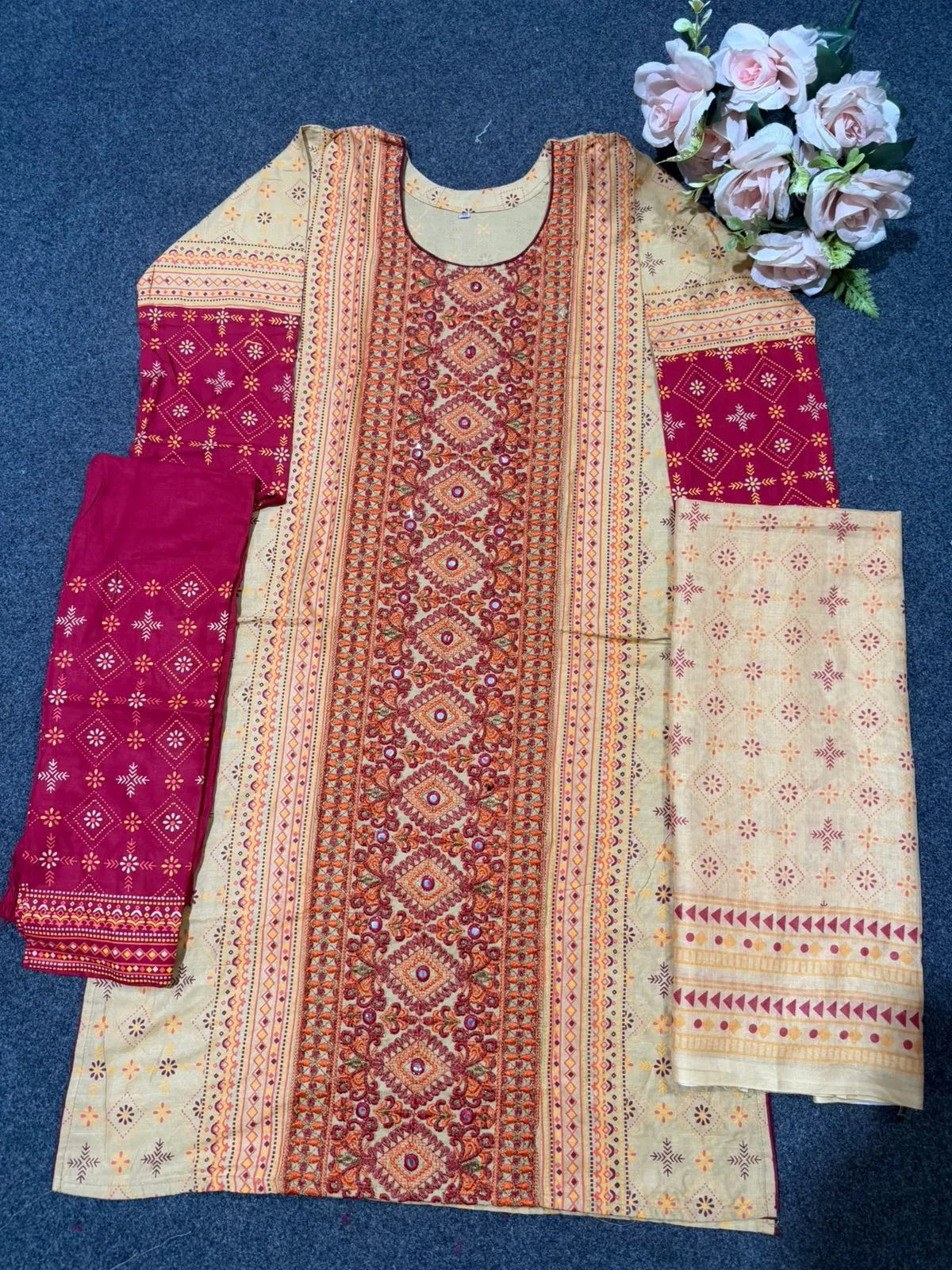 Premium Cotton Block and Digital Print Three-Piece Set