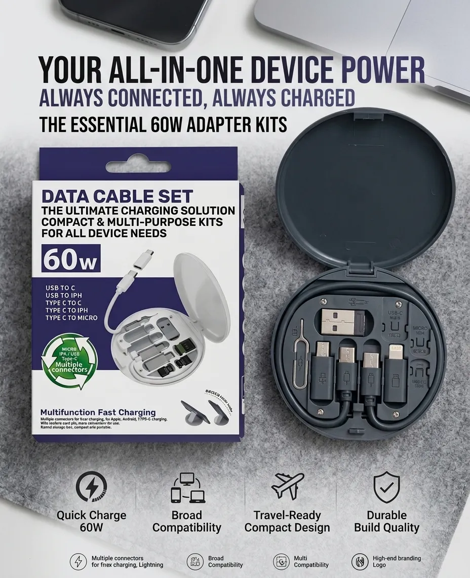 60W Fast Charging data cable 3 in 1 USB cable set storage set box