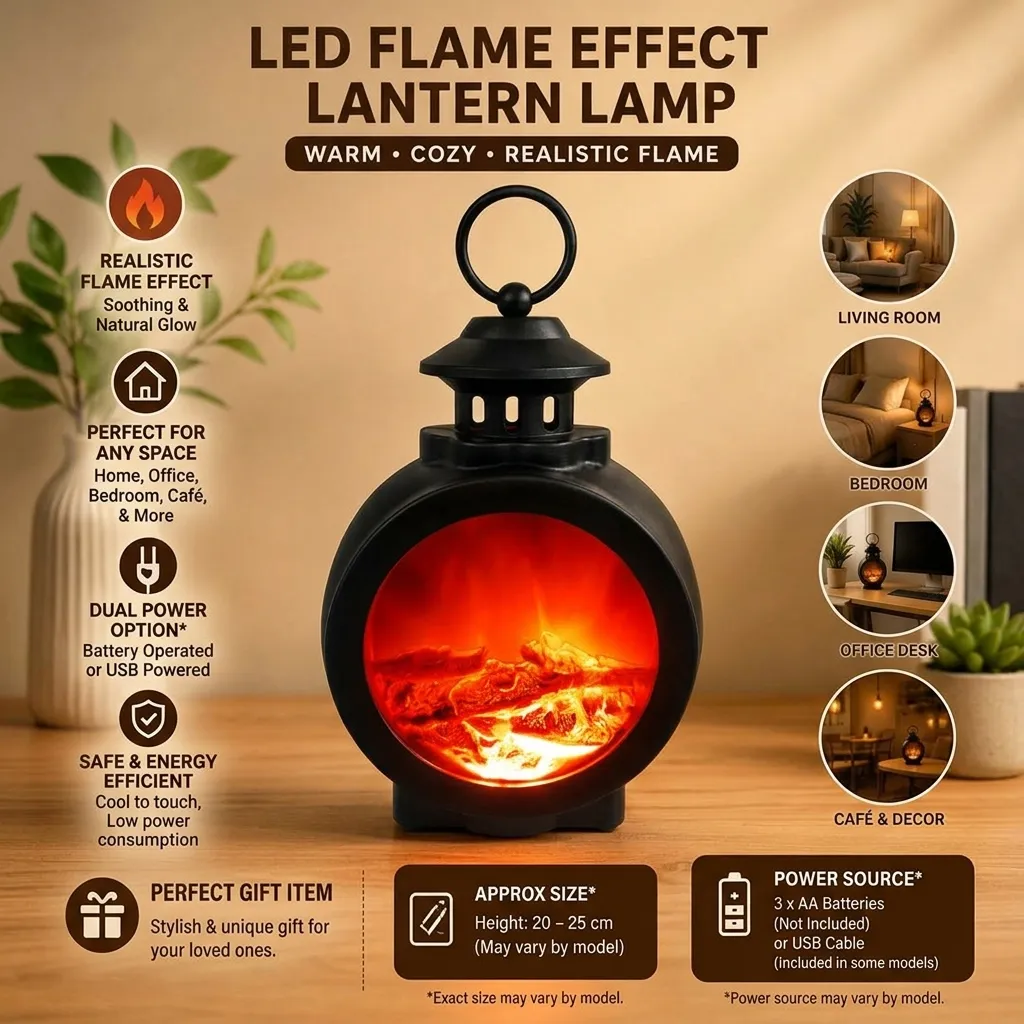 LED Flame Effect Lantern Lamp | Realistic Fireplace Illusion | Battery & USB Powered | Home, Bedroom, Office Décor | Warm Ambient Night Light