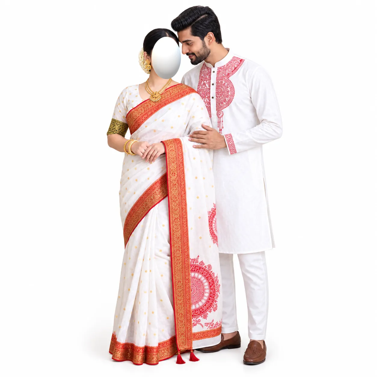Special Puja Collection: Traditional Red-and-White Couple Set