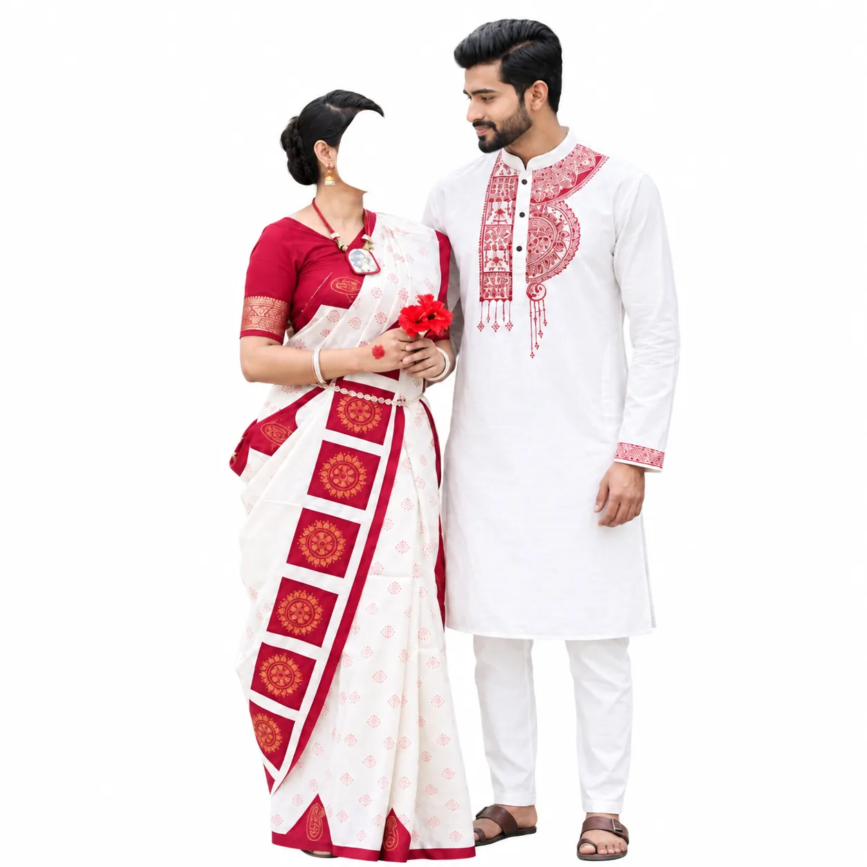 Special Puja Collection: Traditional Red-and-White Couple Set