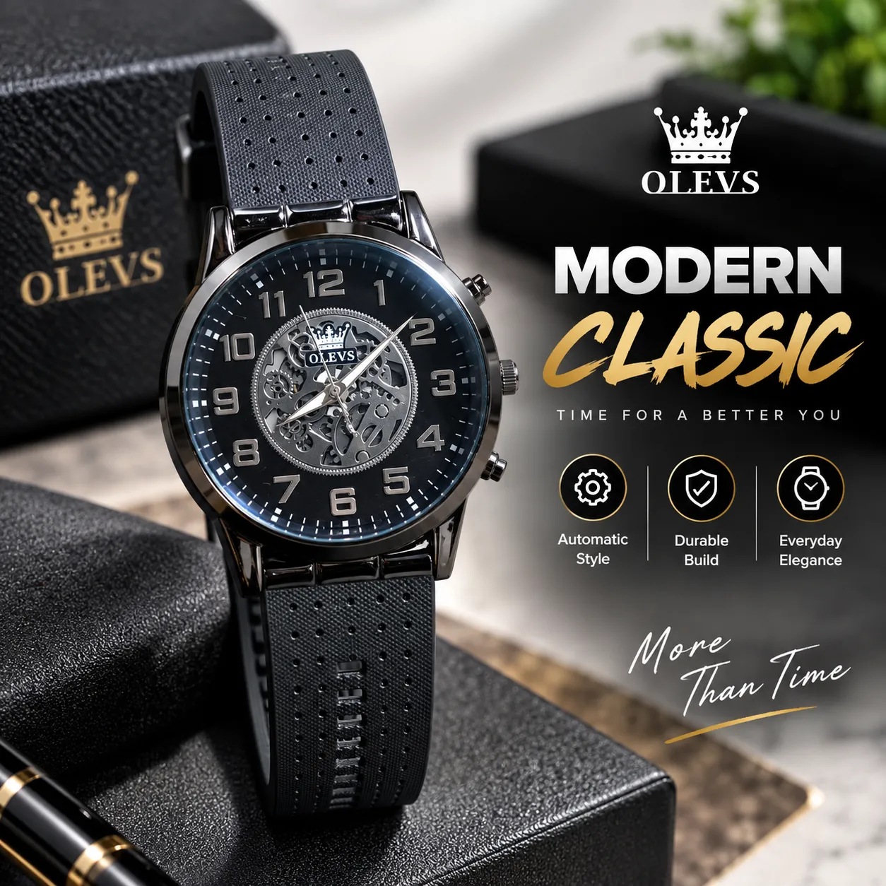 Olevs Men’s Skeleton Dial Wrist Watch