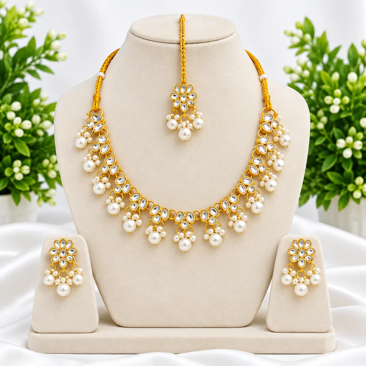 Exclusive Gorgeous Kundan and Pearl Jewelry Set (Necklace, Earrings, and Tikli)