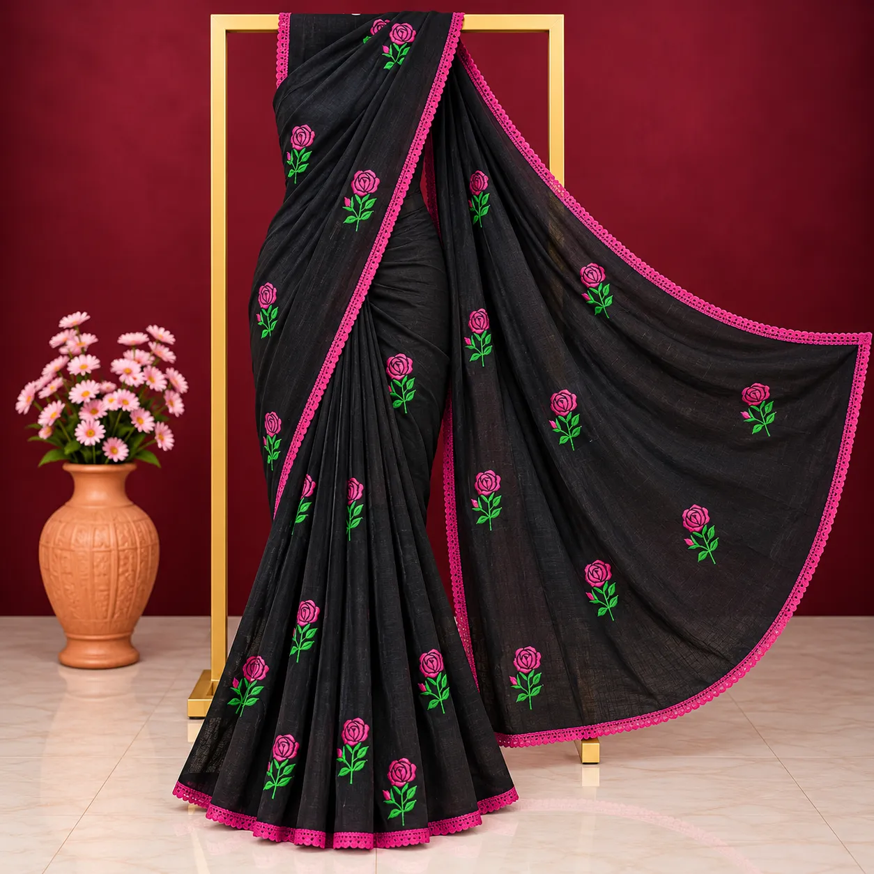 Exclusive glamorous black cotton saree featuring rose embroidery and a lace border.