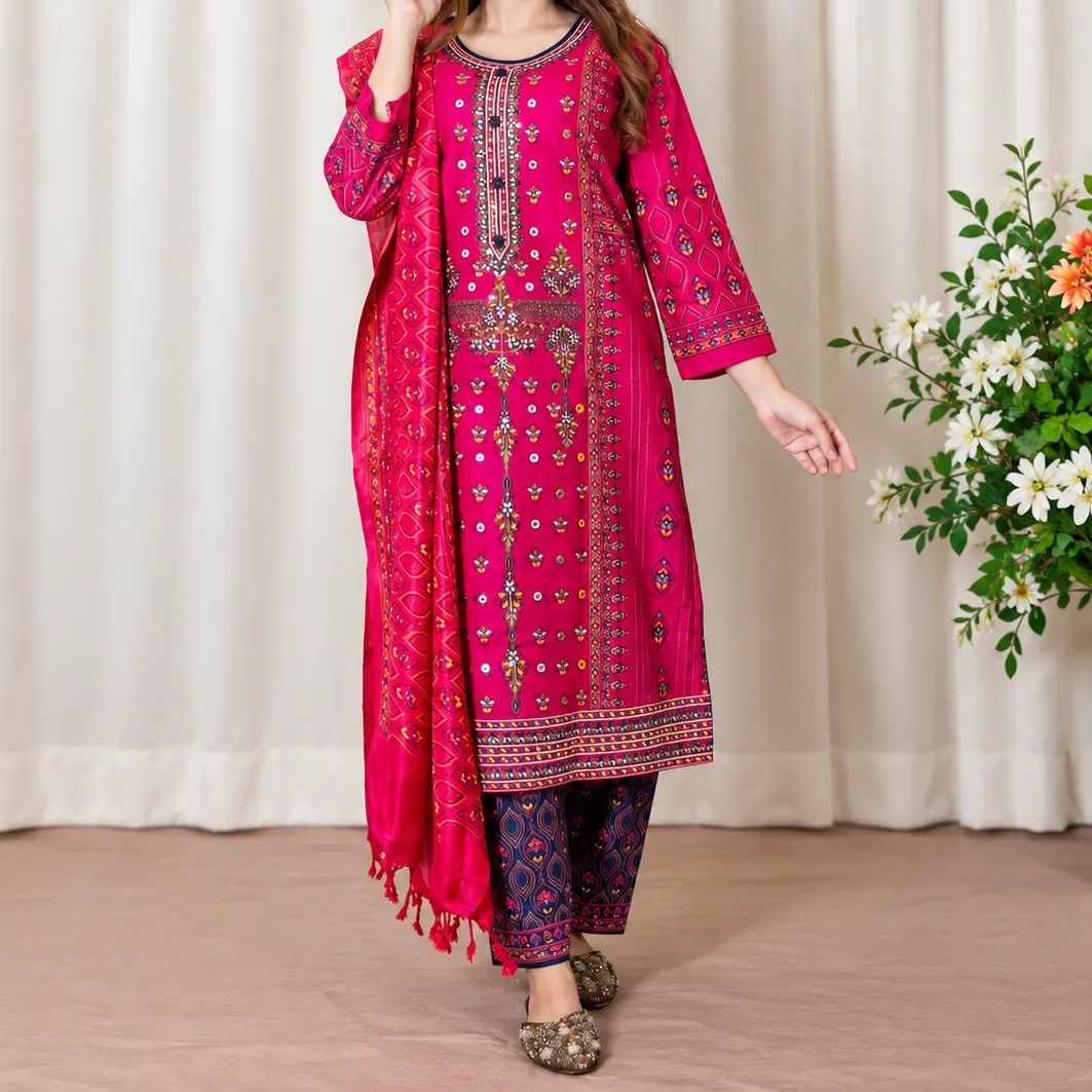 Premium Cotton Block and Digital Print Three-Piece Set