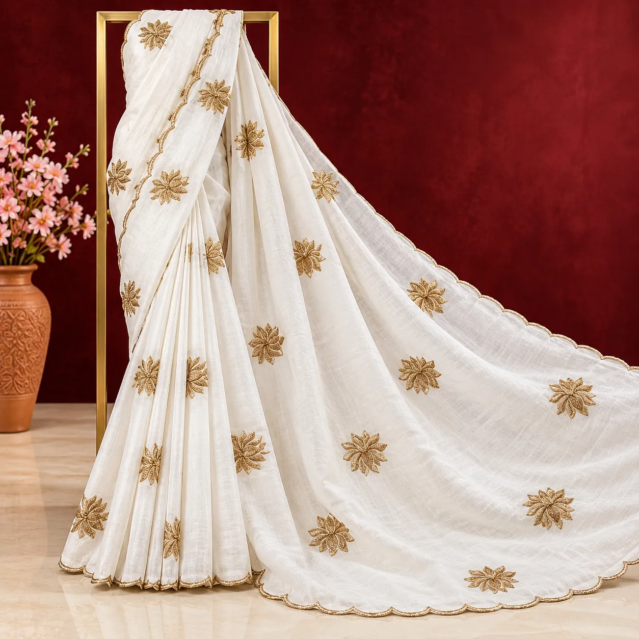 Pristine Off-White Organza Saree with Golden Zari Floral Embroidery