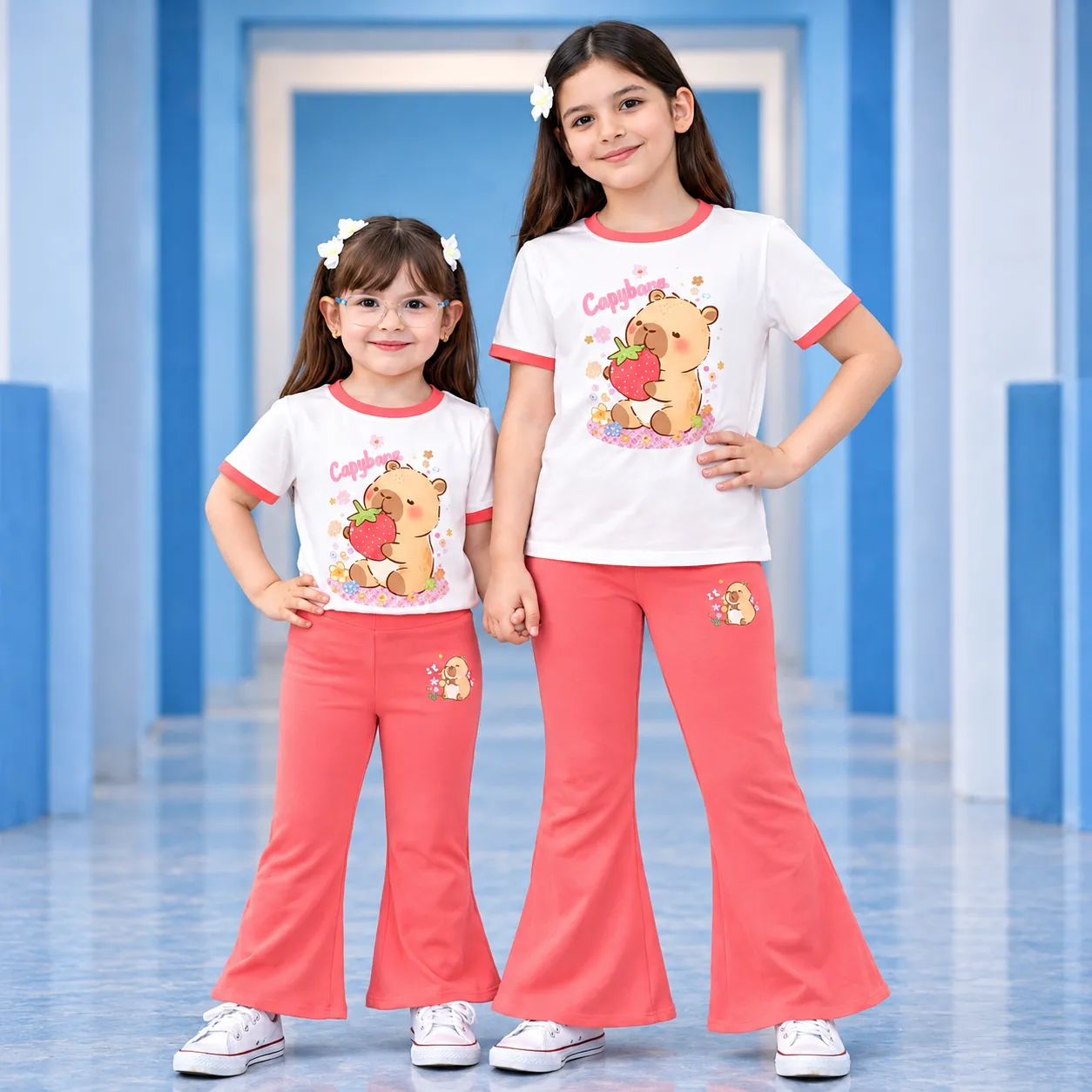 Cute Capybara with Strawberry Girls' Two-Piece Set (T-Shirt & Bell-Bottom Pants Set)