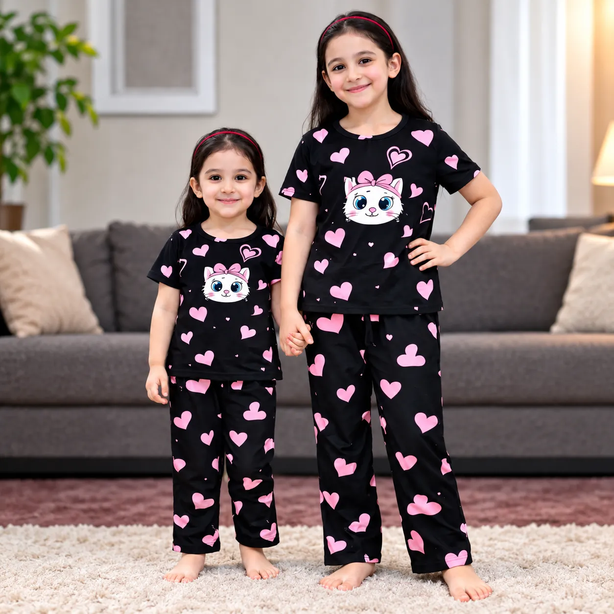 Cute Cat and Heart-Printed Black Two-Piece Nightwear/Casual Set for Girls (T-Shirt & Pajama Set)