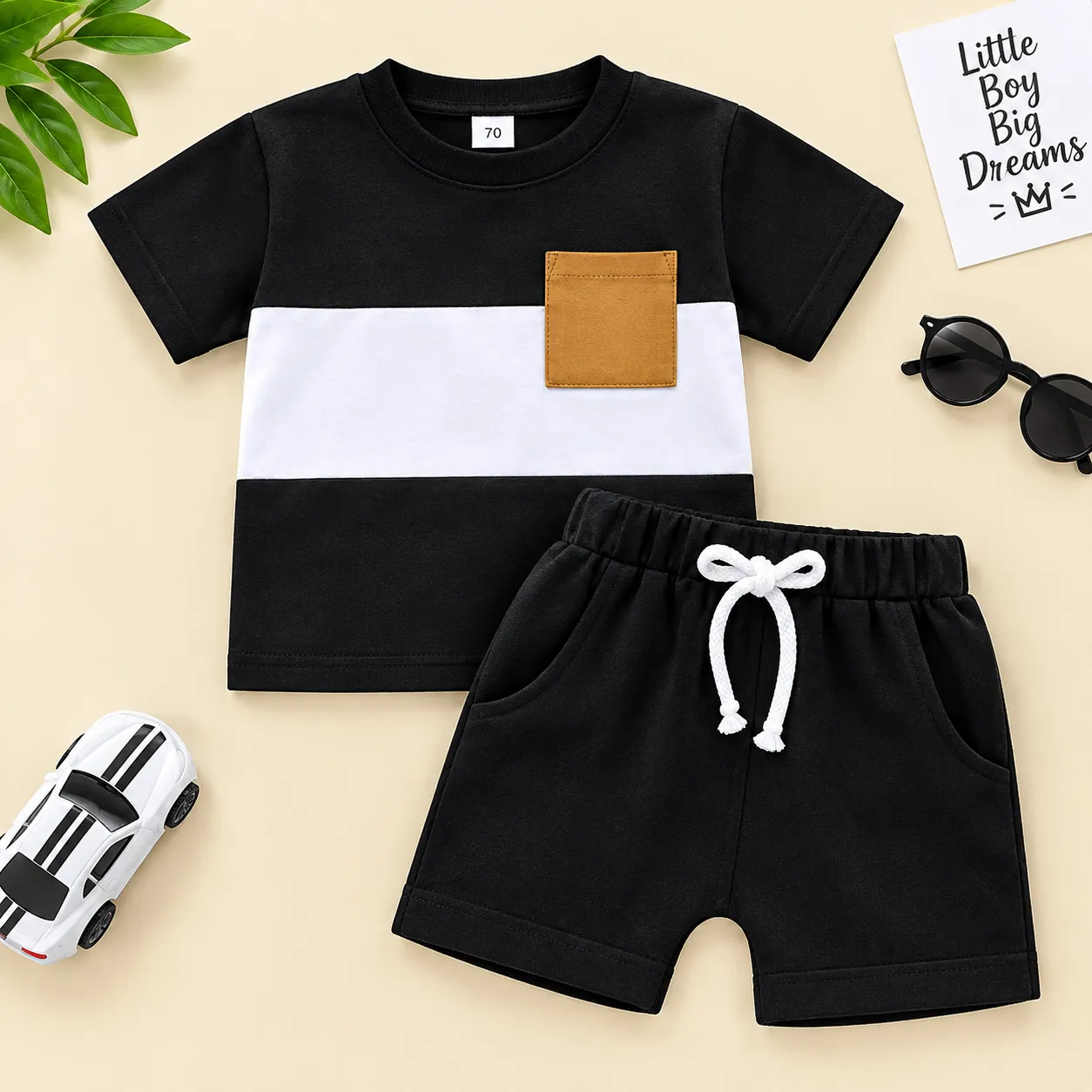 Modern Black and White Color-Block Boys' Summer Two-Piece Set with Brown Pocket (T-Shirt & Shorts Set)