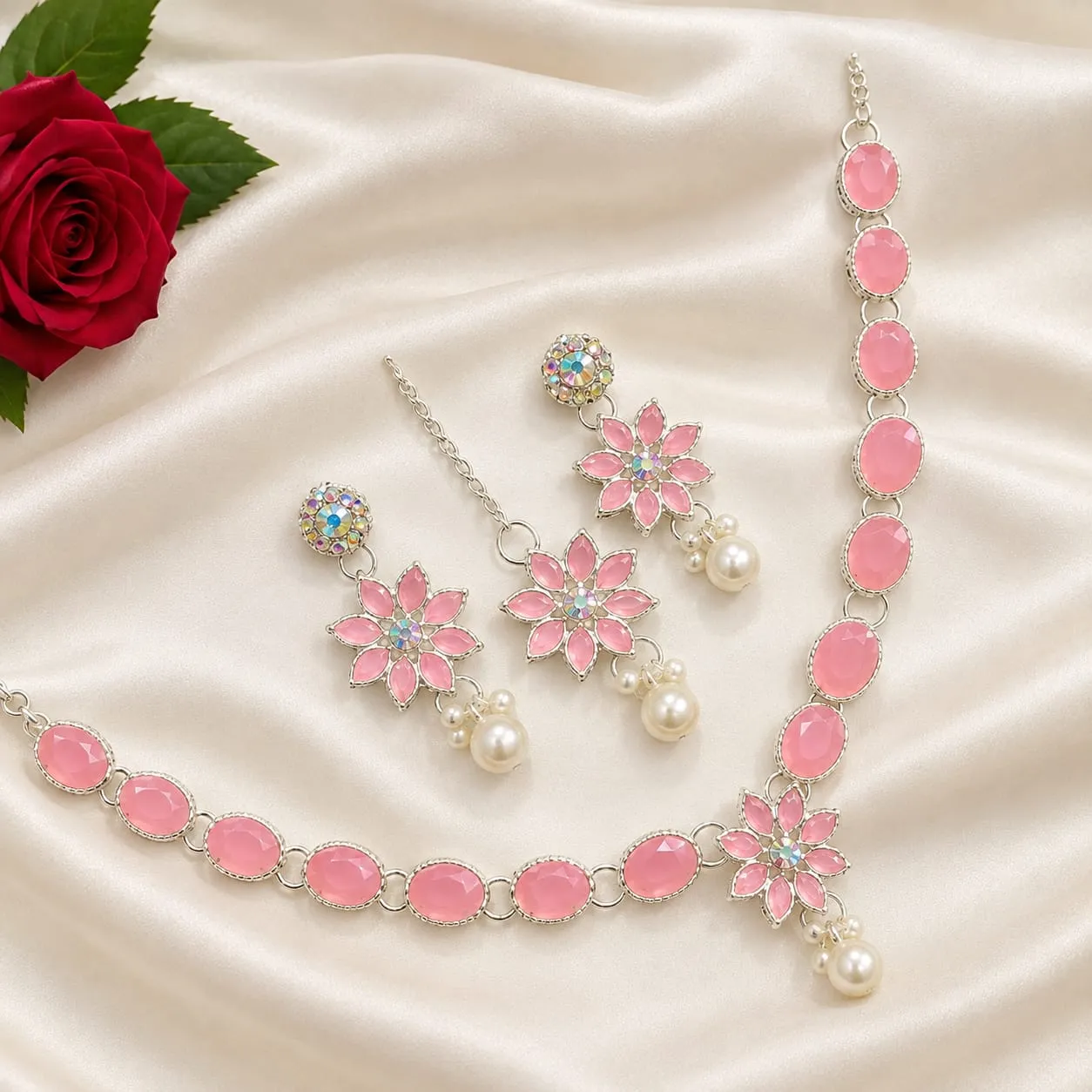 Premium Soft Pink Stone and Pearl Jewelry Set (Complete Set: Necklace, Earrings & Tikka)