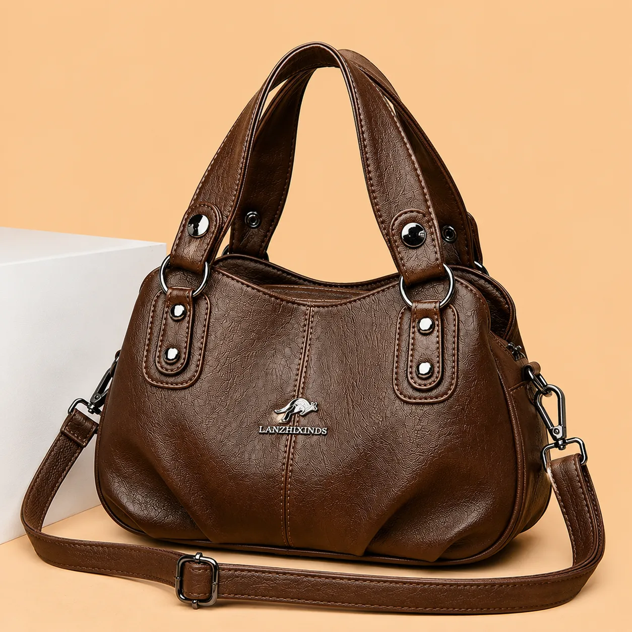 Premium Multi-Compartment Designer Handbag - Brown