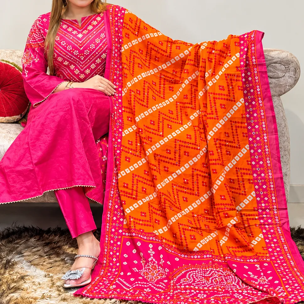 Unstitched Premium Bandhej & Zigzag Printed Cotton Three-Piece Suit - Bright Pink & Orange