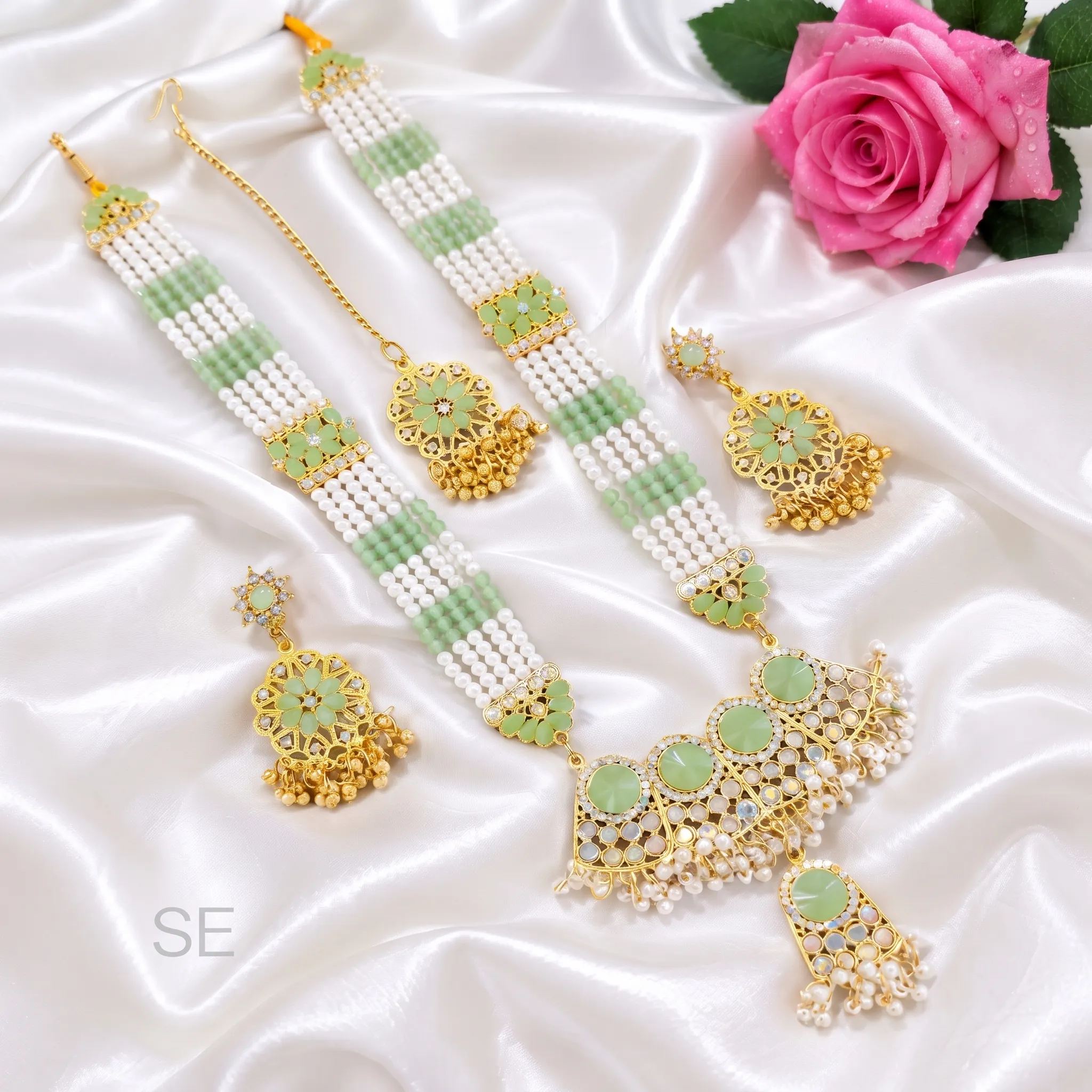 Premium Mint Green & Pearl Long Rani Haar Jewelry Set with Earrings & Maang Tikka