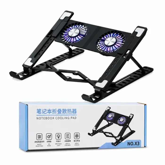 NO.X3 Premium Foldable Laptop Stand with Dual Cooling Fans & RGB Breathing Light